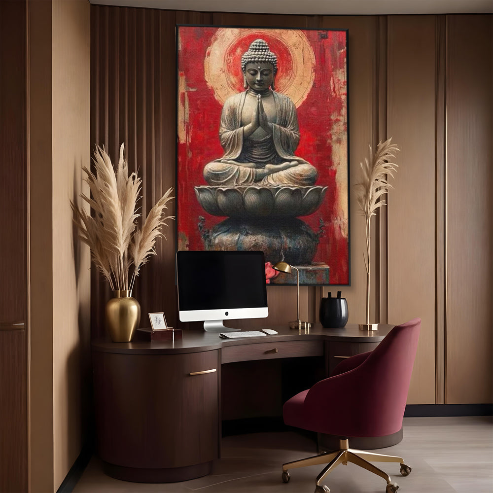 Tablou canvas cu tablou canvas cu statuie buddha pe floare de lotus, in rama de aluminiu negru, pe perete intr-un birou